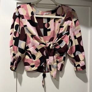Reformation Geometric  Silk Tie Front Crop Top Pink | S